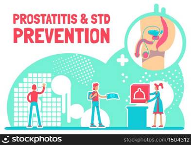 Prostatitis and STD prevention poster flat vector template. Burning pain in bladder. Fertility issue. Brochure, booklet one page concept design with cartoon characters. Man health care flyer, leaflet. Prostatitis and STD prevention poster flat vector template