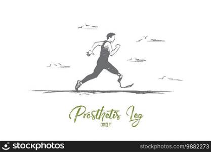 Prosthesis concept. Hand drawn man running with prosthesis. Disabled sportsman runs isolated vector illustration.. Prosthesis concept. Hand drawn isolated vector.