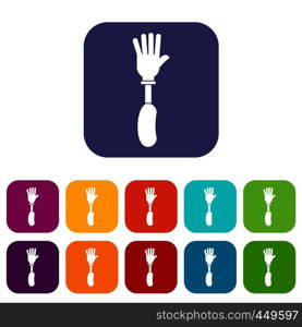 Prosthesis hand icons set vector illustration in flat style In colors red, blue, green and other. Prosthesis hand icons set flat