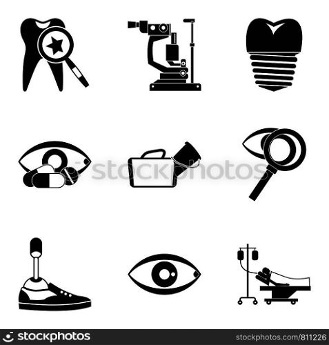 Prosthesis icons set. Simple set of 9 prosthesis vector icons for web isolated on white background. Prosthesis icons set, simple style