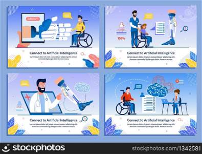 Prosthetic Artificial Body Parts and AI Neural Connection Presentation Banner Set. Cartoon Disabled People Characters in Wheelchair. High Technologies in Rehabilitation. Vector Flat Illustration. Artificial Body Parts and Neural Connection Set