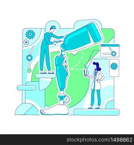Prosthetics laboratory thin line concept vector illustration. Science doctor and engineer 2D cartoon characters for web design. Lab workers testing artificial leg. Robotics, bionics creative idea. Prosthetics laboratory thin line concept vector illustration