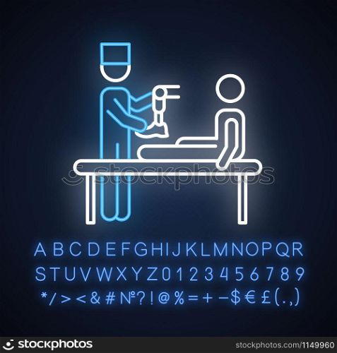 Prosthetics neon light icon. Medical procedure. Doctor, patient. Amputee with no limb. Prosthesis. Help for veterans. Glowing sign with alphabet, numbers and symbols. Vector isolated illustration