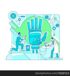 Prosthetics science thin line concept vector illustration. Lab workers, scientist and engineer 2D cartoon characters for web design. Artificial limb, bionic hand construction. Robotics creative idea. Prosthetics science thin line concept vector illustration