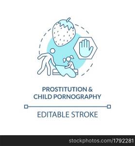 Prostitution and child pornography blue concept icon. Sexual exploitation of children abstract idea thin line illustration. Molest and abuse. Vector isolated outline color drawing. Editable stroke. Prostitution and child pornography blue concept icon