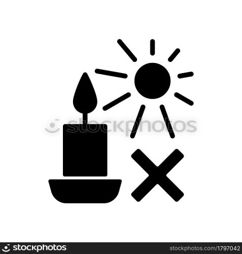 Protect candles from direct sunlight black glyph manual label icon. Storing handmade products in dark place. Silhouette symbol on white space. Vector isolated illustration for product use instructions. Protect candles from direct sunlight black glyph manual label icon