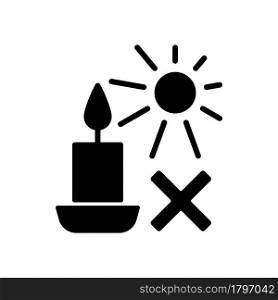 Protect candles from direct sunlight black glyph manual label icon. Storing handmade products in dark place. Silhouette symbol on white space. Vector isolated illustration for product use instructions. Protect candles from direct sunlight black glyph manual label icon