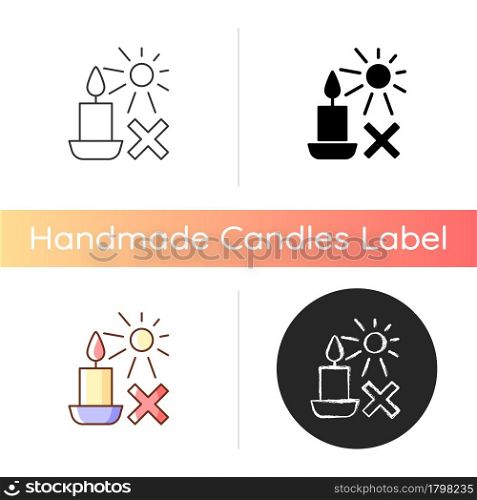 Protect candles from direct sunlight manual label icon. Storing handmade products in dark place. Linear black and RGB color styles. Isolated vector illustrations for product use instructions. Protect candles from direct sunlight manual label icon