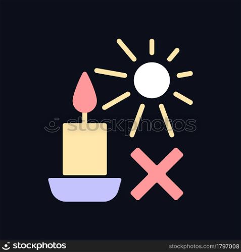 Protect candles from direct sunlight RGB color manual label icon for dark theme. Isolated vector illustration on night mode background. Simple filled line drawing on black for product use instructions. Protect candles from direct sunlight RGB color manual label icon for dark theme