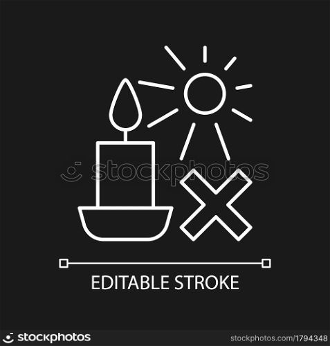 Protect candles from sun white linear manual label icon for dark theme. Thin line customizable illustration for product use instructions. Isolated vector contour symbol for night mode. Editable stroke. Protect candles from sun white linear manual label icon for dark theme