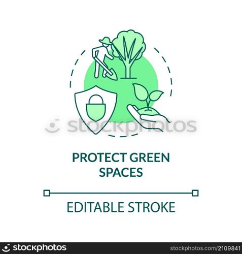Protect green spaces green concept icon. Air pollution prevention abstract idea thin line illustration. Isolated outline drawing. Editable stroke. Roboto-Medium, Myriad Pro-Bold fonts used. Protect green spaces green concept icon