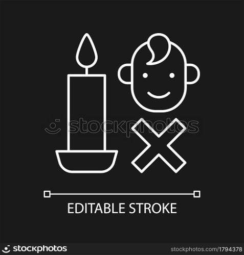 Protect kid from candles white linear manual label icon for dark theme. Thin line customizable illustration for product use instructions. Isolated vector contour symbol for night mode. Editable stroke. Protect kid from candles white linear manual label icon for dark theme