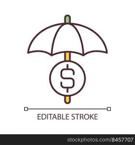 Protect money RGB color icon. Financial insurance and precaution. Savings and fund. Dollar symbol. Isolated vector illustration. Simple filled line drawing. Editable stroke. Arial font used. Protect money RGB color icon