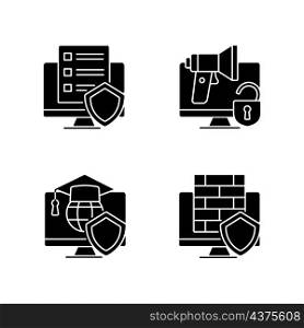 Protect private data black glyph icons set on white space. Firewall and cyber policy. Cybersecurity education. Doxing cybercrime. Antivirus protection. Silhouette symbols. Vector isolated illustration. Protect private data black glyph icons set on white space