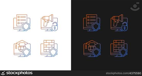 Protect private data gradient icons set for dark and light mode. Firewall and cyber policy. Thin line contour symbols bundle. Isolated vector outline illustrations collection on black and white. Protect private data gradient icons set for dark and light mode