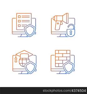 Protect private data gradient linear vector icons set. Firewall and cyber policy. Cybersecurity education.Thin line contour symbols bundle. Isolated outline illustrations collection. Protect private data gradient linear vector icons set