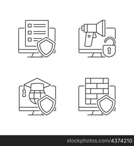 Protect private data linear icons set. Firewall and cyber policy. Cybersecurity education. Customizable thin line contour symbols. Isolated vector outline illustrations. Editable stroke. Protect private data linear icons set