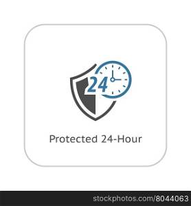 Protected 24-hour Icon. Flat Design.. Protected 24-hour Icon. Flat Design. Security Concept with a Shield and a clock. Isolated Illustration. App Symbol or UI element.