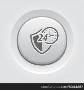 Protected 24-hour Icon. Flat Design.. Protected 24-hour Icon. Flat Design. Security Concept with a Shield and a clock. App Symbol or UI element. Grey Button Design
