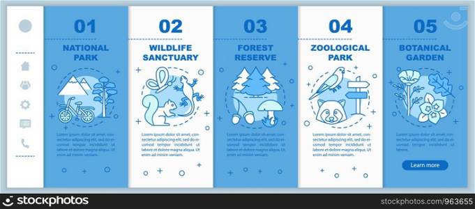 Protected areas for biodiversity onboarding mobile web pages vector template. Forest. Responsive smartphone website interface idea with linear icons. Webpage walkthrough step screens. Color concept