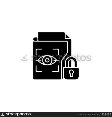 Protected biometric data black glyph icon. Personal information collection. Bodily characteristics. Fingerprints, retina scan. Silhouette symbol on white space. Vector isolated illustration. Protected biometric data black glyph icon
