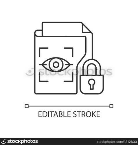 Protected biometric data linear icon. Personal information collection. Fingerprints, retina scan. Thin line customizable illustration. Contour symbol. Vector isolated outline drawing. Editable stroke. Protected biometric data linear icon