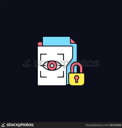 Protected biometric data RGB color icon for dark theme. Personal information collection. Retina scan. Isolated vector illustration on night mode background. Simple filled line drawing on black. Protected biometric data RGB color icon for dark theme