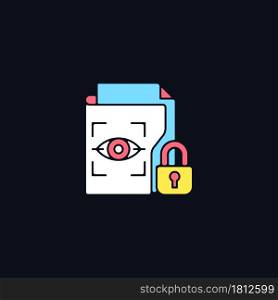 Protected biometric data RGB color icon for dark theme. Personal information collection. Retina scan. Isolated vector illustration on night mode background. Simple filled line drawing on black. Protected biometric data RGB color icon for dark theme