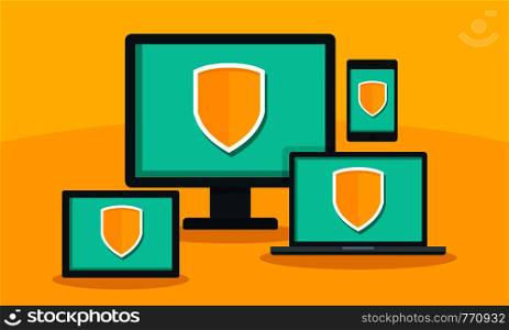 Protected digital device concept background. Flat illustration of protected digital device vector concept background for web design. Protected digital device concept background, flat style
