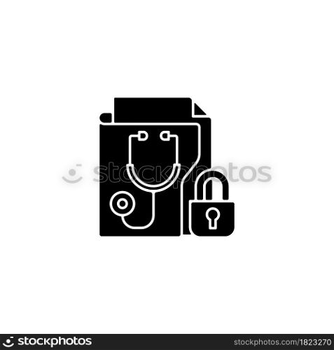 Protected health information black glyph icon. Medical history security. Preserving patient privacy. Protect sensitive details. Silhouette symbol on white space. Vector isolated illustration. Protected health information black glyph icon