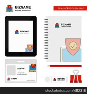 Protected laptop Business Logo, Tab App, Diary PVC Employee Card and USB Brand Stationary Package Design Vector Template
