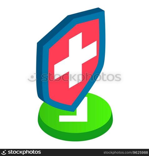 Protected sign icon isometric vector. Shield with white cross on green button. Guarantee, protection concept. Protected sign icon isometric vector. Shield with white cross on green button