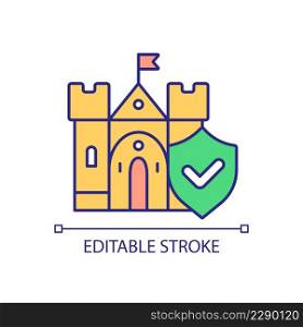 Protecting architectural monument RGB color icon. Historic heritage building. Ancient castle and shield. Isolated vector illustration. Simple filled line drawing. Editable stroke. Arial font used. Protecting architectural monument RGB color icon