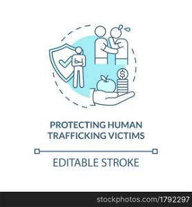 Protecting human trade victims blue concept icon. Help and assist trafficking victims abstract idea thin line illustration. Support service. Vector isolated outline color drawing. Editable stroke. Protecting human trade victims blue concept icon