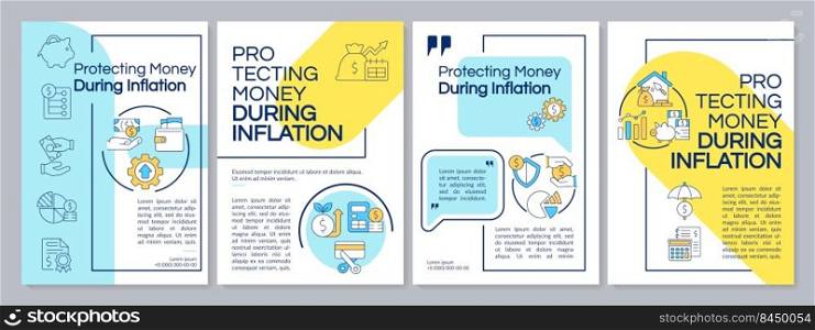 Protecting money during inflation blue and yellow brochure template. Leaflet design with linear icons. Editable 4 vector layouts for presentation, annual reports. Questrial, Lato-Regular fonts used. Protecting money during inflation blue and yellow brochure template