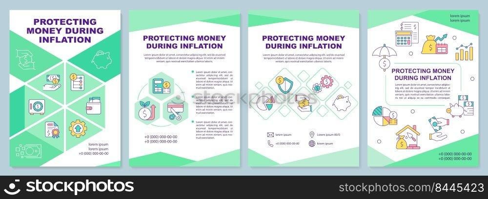 Protecting money during inflation brochure template. Leaflet design with linear icons. Editable 4 vector layouts for presentation, annual reports. Arial-Black, Myriad Pro-Regular fonts used. Protecting money during inflation brochure template
