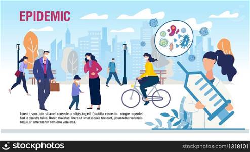 Protecting People from Epidemic Flat Promo Banner. Virus Attacks. Cartoon Man, Children in Protective Facial Masks to Avoiding Infection. City Street. Doctor with Syringe. Vector Illustration. Protecting People from Epidemic Flat Landing Page
