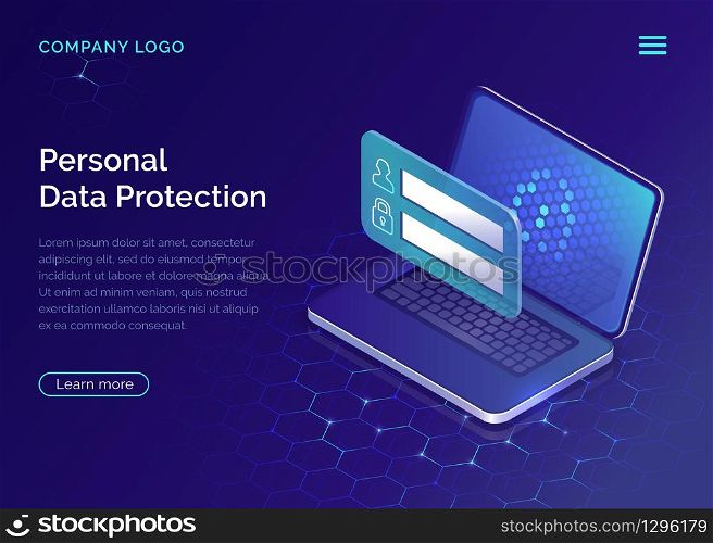 Protecting personal data concept, internet account security guarantee isometric vector. Frame with login and password in front of open laptop screen on blue honeycomb background, landing web site page. Protecting personal data concept, account security