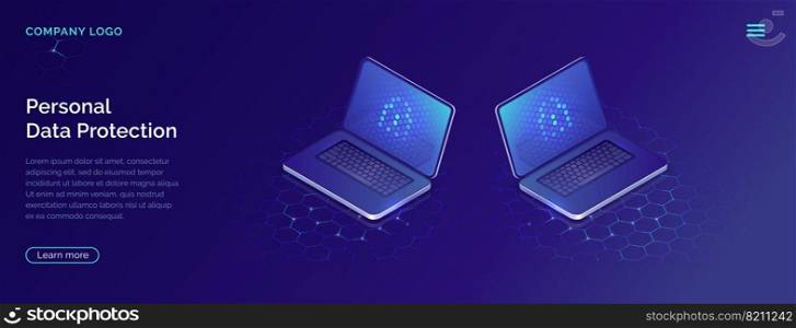 Protecting personal data concept, internet account security isometric vector. Two open laptops with blue screen on honeycomb background, landing web site page. Protecting personal data concept, account security