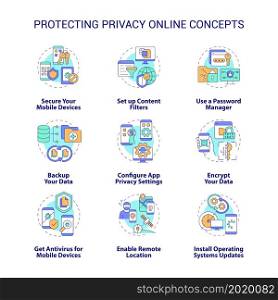 Protecting privacy online concept icons set. Personal data internet safety idea thin line color illustrations. Tips to save information from hackers. Vector isolated outline drawings. Protecting privacy online concept icons set