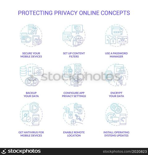Protecting privacy online concept icons set. Personal data safety online idea thin line color illustrations. Tips to save information from hackers. Vector isolated outline drawings. Protecting privacy online concept icons set