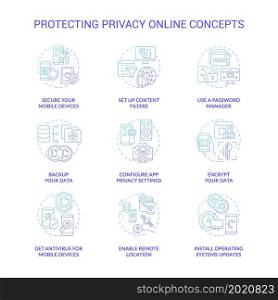 Protecting privacy online concept icons set. Personal data safety online idea thin line color illustrations. Tips to save information from hackers. Vector isolated outline drawings. Protecting privacy online concept icons set