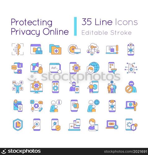 Protecting privacy online RGB color icons set. Modern technology to keep personal information safe in internet Isolated vector illustrations. Simple filled line drawings collection. Protecting privacy online RGB color icons set