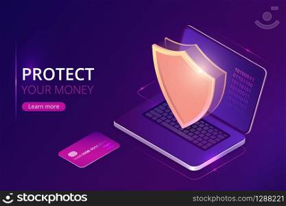 Protecting your money concept, online banking security guarantee, isometric vector. Bank credit card and open laptop, golden shield guards personal information on its screen, purple landing web page. Protecting money concept, online banking security