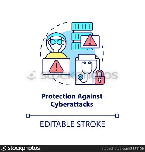 Protection against cyberattacks concept icon. Defending electronic health records abstract idea thin line illustration. Isolated outline drawing. Editable stroke. Arial, Myriad Pro-Bold fonts used. Protection against cyberattacks concept icon