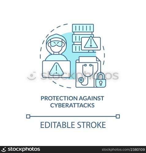 Protection against cyberattacks turquoise concept icon. Electronic health records abstract idea thin line illustration. Isolated outline drawing. Editable stroke. Arial, Myriad Pro-Bold fonts used. Protection against cyberattacks turquoise concept icon
