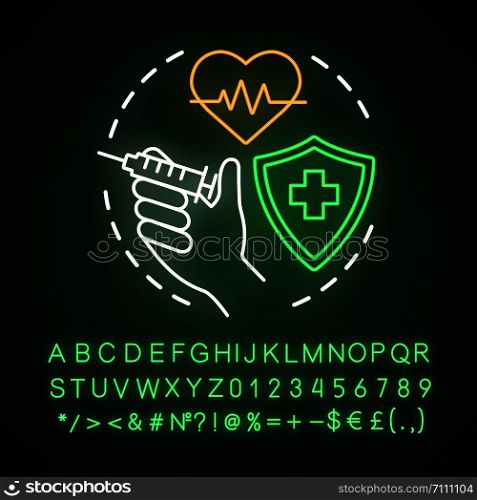 Protection against diseases neon light concept icon. Healthy lifestyle idea. Glowing sign with alphabet, numbers and symbols. Shield with cross, syringe and heart vector isolated illustration