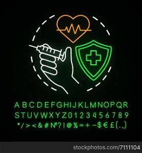 Protection against diseases neon light concept icon. Healthy lifestyle idea. Glowing sign with alphabet, numbers and symbols. Shield with cross, syringe and heart vector isolated illustration