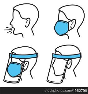 Protection and preventive measures against coronavirus and respiratory diseases. Coughing and means of stop spreading sickness. Wearing mask and glass or plastic shield. Vector in flat style. Protective measures from virus and disease vector