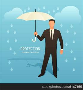 Protection business conceptual illustration with businessman holding umbrella. Image for web sites, articles, magazines.